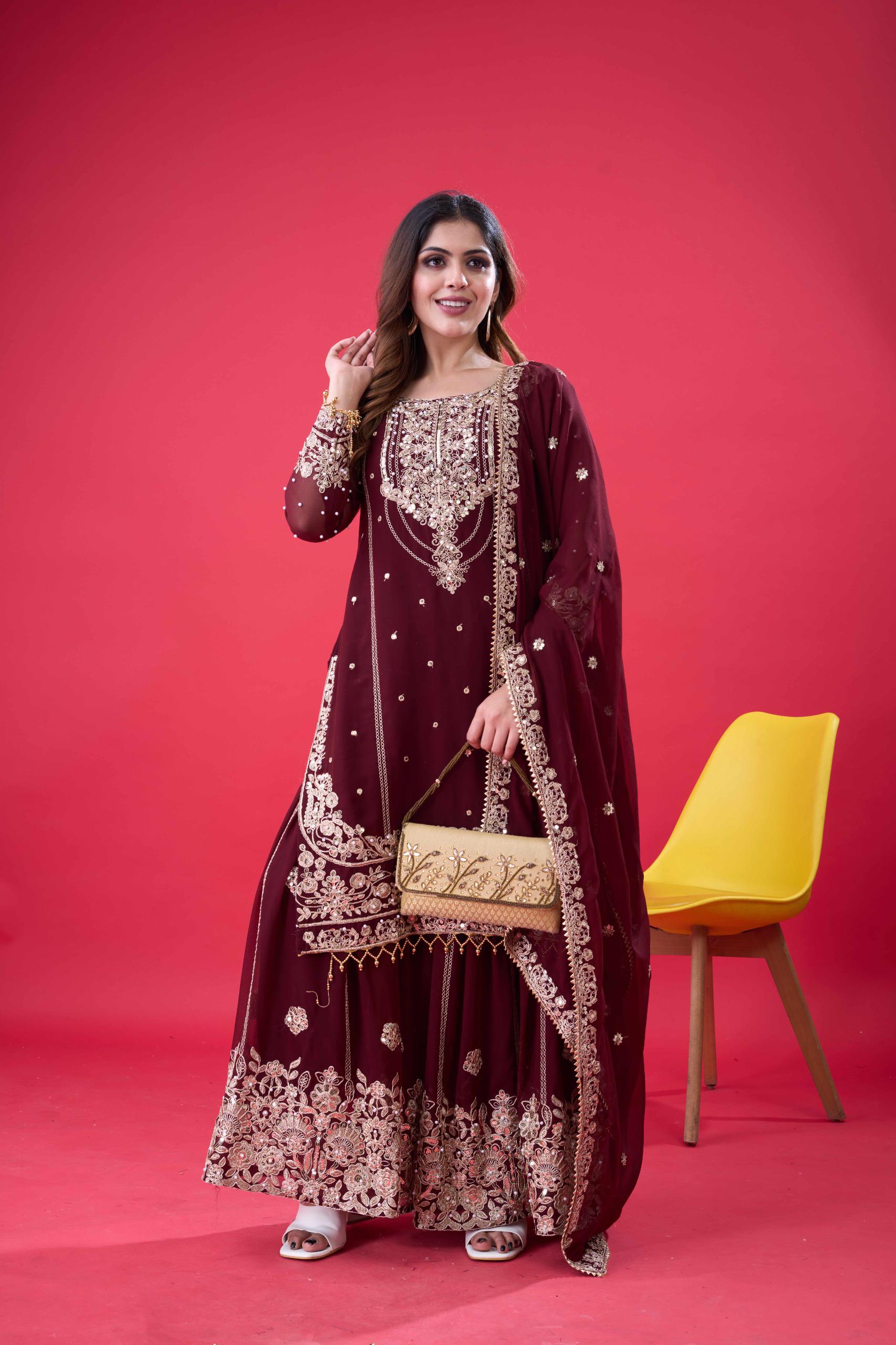 SR 1688 Maroon Faux Georgette with Lace Work & Embroidery Work. Salwar Suit Introductory Price ₹1949. Delivery 4-6 Working Days. Shop now. | Jump Suits, Salwar suit, Casual Suits, Creative suits, Designer Suits, Palazzo Suits, Party Wear Suits, Patiala Suits, Straight Suits