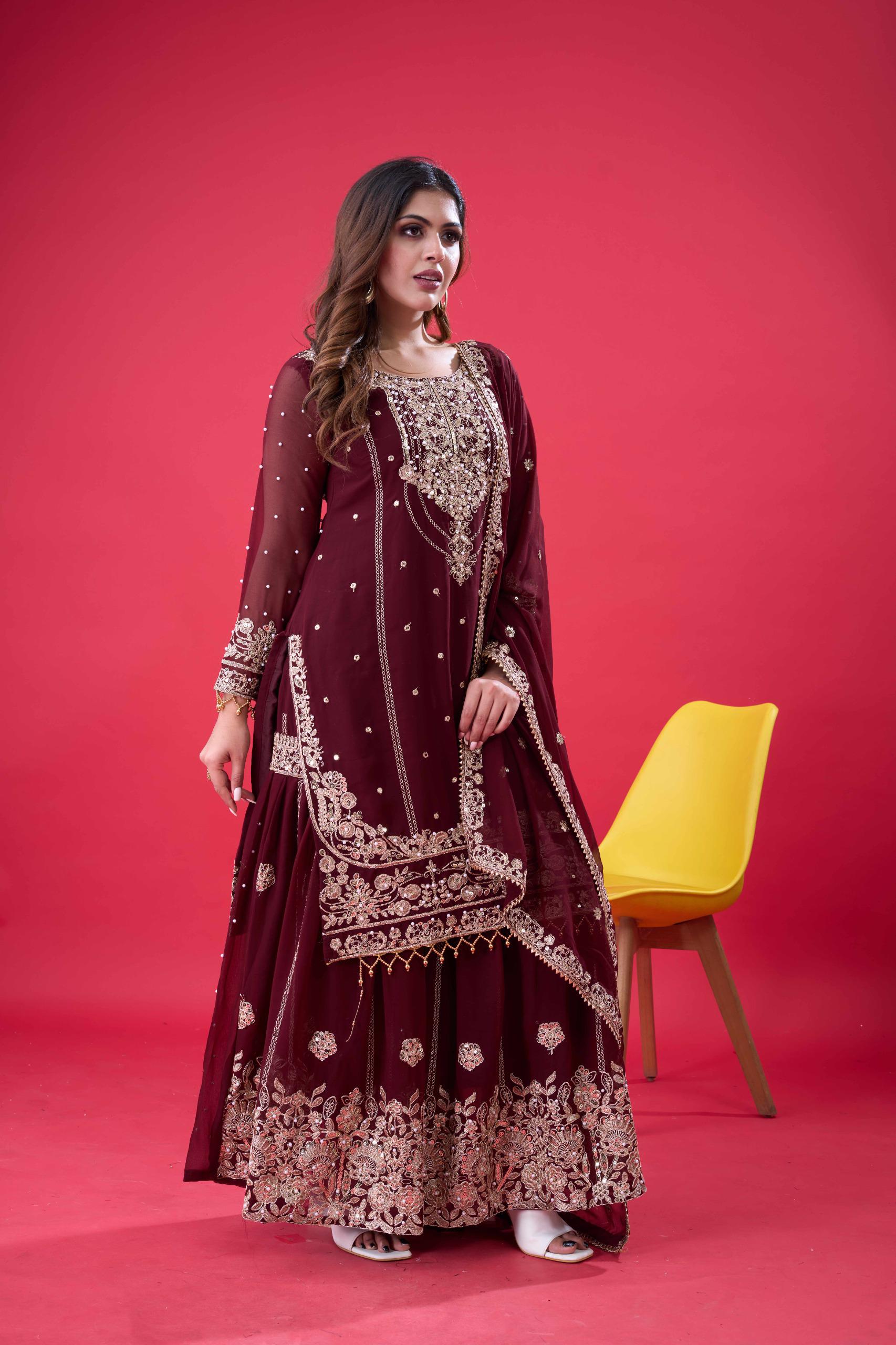SR 1688 Maroon Faux Georgette with Lace Work & Embroidery Work. Salwar Suit Introductory Price ₹1949. Delivery 4-6 Working Days. Shop now. | Jump Suits, Salwar suit, Casual Suits, Creative suits, Designer Suits, Palazzo Suits, Party Wear Suits, Patiala Suits, Straight Suits