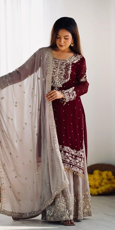 SR 1676 Maroon Heavy Faux Georgette With Heavy Embroidery Perfect for Wedding, Party, Ethnic Day, Reception, Diwali 4-6 Working Days At 2049/- Only | Jump Suits, Salwar suit, Casual Suits, Creative suits, Designer Suits, Palazzo Suits, Party Wear Suits, Patiala Suits, Straight Suits