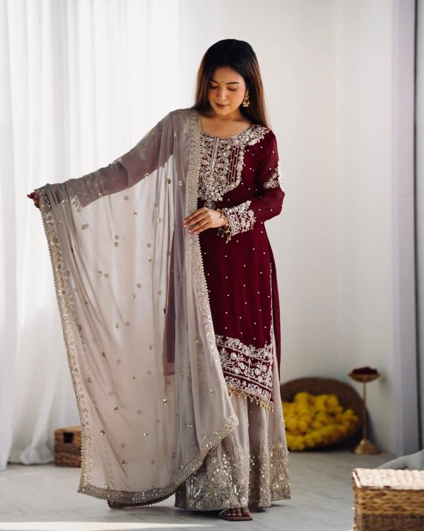 SR 1676 Maroon Heavy Faux Georgette With Heavy Embroidery Perfect for Wedding, Party, Ethnic Day, Reception, Diwali 4-6 Working Days At 2049/- Only | Jump Suits, Salwar suit, Casual Suits, Creative suits, Designer Suits, Palazzo Suits, Party Wear Suits, Patiala Suits, Straight Suits