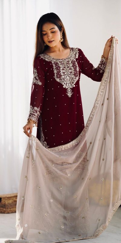 SR 1676 Maroon Heavy Faux Georgette With Heavy Embroidery Perfect for Wedding, Party, Ethnic Day, Reception, Diwali 4-6 Working Days At 2049/- Only | Jump Suits, Salwar suit, Casual Suits, Creative suits, Designer Suits, Palazzo Suits, Party Wear Suits, Patiala Suits, Straight Suits