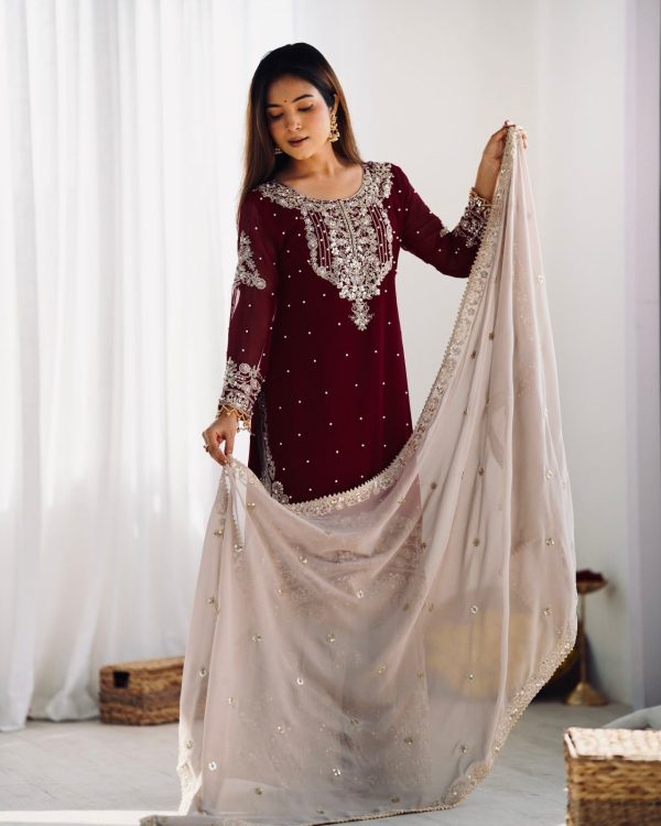 SR 1676 Maroon Heavy Faux Georgette With Heavy Embroidery Perfect for Wedding, Party, Ethnic Day, Reception, Diwali 4-6 Working Days At 2049/- Only | Jump Suits, Salwar suit, Casual Suits, Creative suits, Designer Suits, Palazzo Suits, Party Wear Suits, Patiala Suits, Straight Suits