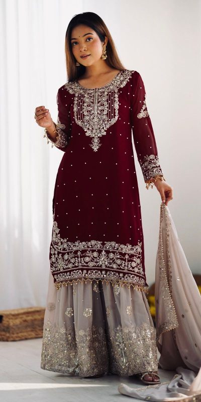 SR 1676 Maroon Heavy Faux Georgette With Heavy Embroidery Perfect for Wedding, Party, Ethnic Day, Reception, Diwali 4-6 Working Days At 2049/- Only | Jump Suits, Salwar suit, Casual Suits, Creative suits, Designer Suits, Palazzo Suits, Party Wear Suits, Patiala Suits, Straight Suits