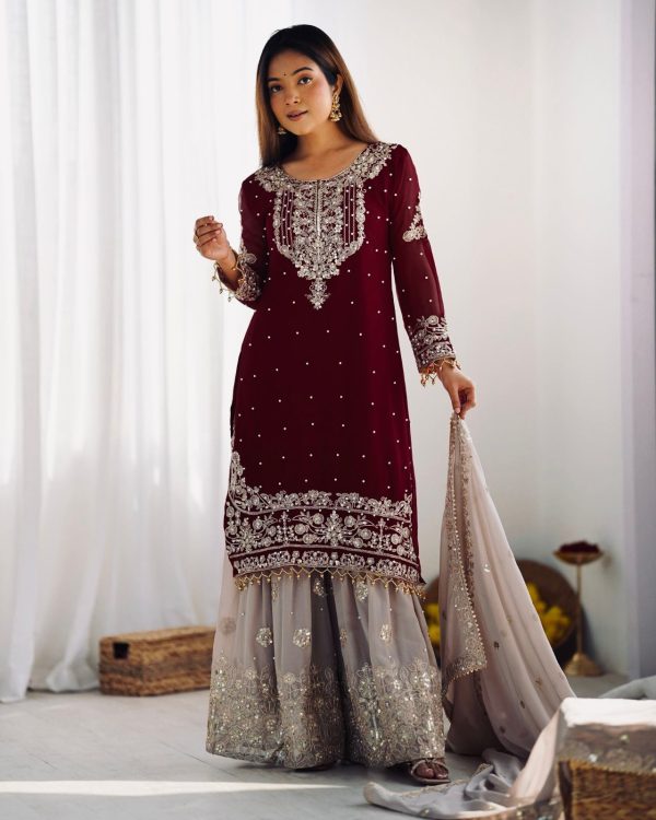 SR 1676 Maroon Heavy Faux Georgette With Heavy Embroidery Perfect for Wedding, Party, Ethnic Day, Reception, Diwali 4-6 Working Days At 2049/- Only | Jump Suits, Salwar suit, Casual Suits, Creative suits, Designer Suits, Palazzo Suits, Party Wear Suits, Patiala Suits, Straight Suits