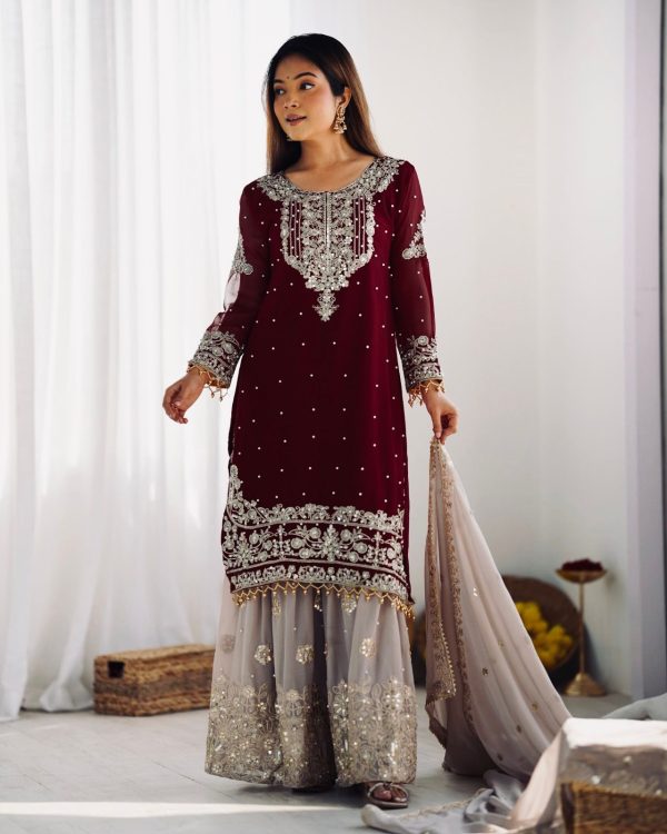 SR 1676 Maroon Heavy Faux Georgette With Heavy Embroidery Perfect for Wedding, Party, Ethnic Day, Reception, Diwali 4-6 Working Days At 2049/- Only | Jump Suits, Salwar suit, Casual Suits, Creative suits, Designer Suits, Palazzo Suits, Party Wear Suits, Patiala Suits, Straight Suits