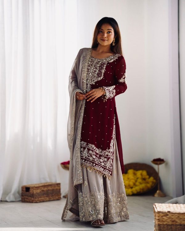 SR 1676 Maroon Heavy Faux Georgette With Heavy Embroidery Perfect for Wedding, Party, Ethnic Day, Reception, Diwali 4-6 Working Days At 2049/- Only | Jump Suits, Salwar suit, Casual Suits, Creative suits, Designer Suits, Palazzo Suits, Party Wear Suits, Patiala Suits, Straight Suits