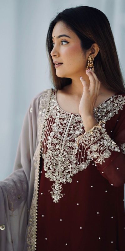 SR 1676 Maroon Heavy Faux Georgette With Heavy Embroidery Perfect for Wedding, Party, Ethnic Day, Reception, Diwali 4-6 Working Days At 2049/- Only | Jump Suits, Salwar suit, Casual Suits, Creative suits, Designer Suits, Palazzo Suits, Party Wear Suits, Patiala Suits, Straight Suits