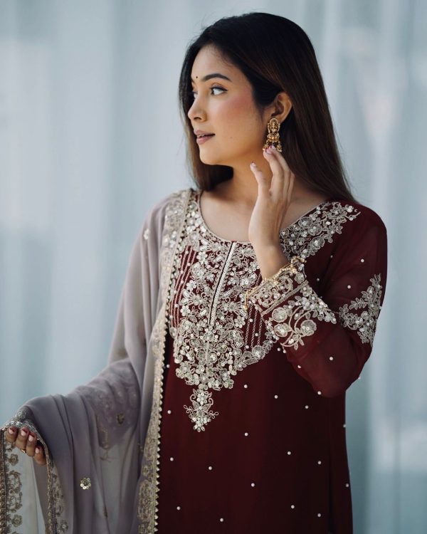 SR 1676 Maroon Heavy Faux Georgette With Heavy Embroidery Perfect for Wedding, Party, Ethnic Day, Reception, Diwali 4-6 Working Days At 2049/- Only | Jump Suits, Salwar suit, Casual Suits, Creative suits, Designer Suits, Palazzo Suits, Party Wear Suits, Patiala Suits, Straight Suits