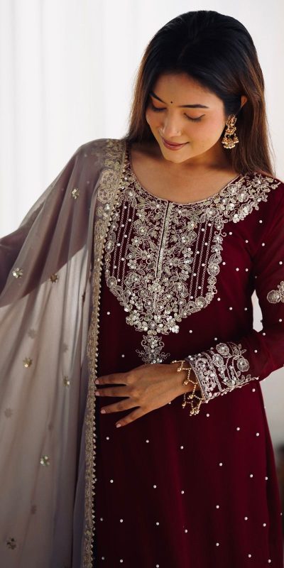 SR 1676 Maroon Heavy Faux Georgette With Heavy Embroidery Perfect for Wedding, Party, Ethnic Day, Reception, Diwali 4-6 Working Days At 2049/- Only | Jump Suits, Salwar suit, Casual Suits, Creative suits, Designer Suits, Palazzo Suits, Party Wear Suits, Patiala Suits, Straight Suits