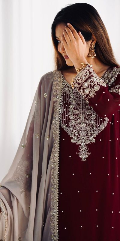 SR 1676 Maroon Heavy Faux Georgette With Heavy Embroidery Perfect for Wedding, Party, Ethnic Day, Reception, Diwali 4-6 Working Days At 2049/- Only | Jump Suits, Salwar suit, Casual Suits, Creative suits, Designer Suits, Palazzo Suits, Party Wear Suits, Patiala Suits, Straight Suits