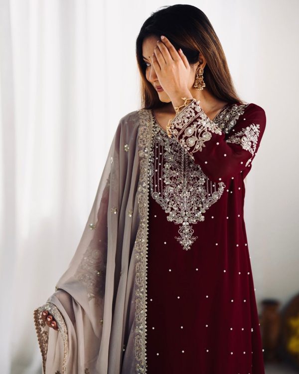 SR 1676 Maroon Heavy Faux Georgette With Heavy Embroidery Perfect for Wedding, Party, Ethnic Day, Reception, Diwali 4-6 Working Days At 2049/- Only | Jump Suits, Salwar suit, Casual Suits, Creative suits, Designer Suits, Palazzo Suits, Party Wear Suits, Patiala Suits, Straight Suits