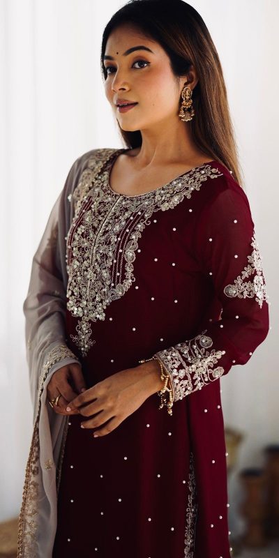 SR 1676 Maroon Heavy Faux Georgette With Heavy Embroidery Perfect for Wedding, Party, Ethnic Day, Reception, Diwali 4-6 Working Days At 2049/- Only | Jump Suits, Salwar suit, Casual Suits, Creative suits, Designer Suits, Palazzo Suits, Party Wear Suits, Patiala Suits, Straight Suits