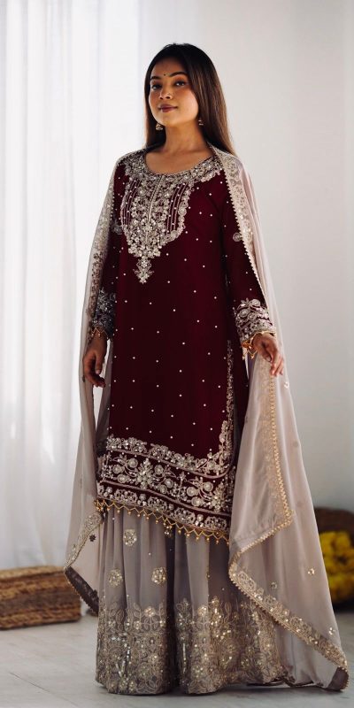 SR 1676 Maroon Heavy Faux Georgette With Heavy Embroidery Perfect for Wedding, Party, Ethnic Day, Reception, Diwali 4-6 Working Days At 2049/- Only | Jump Suits, Salwar suit, Casual Suits, Creative suits, Designer Suits, Palazzo Suits, Party Wear Suits, Patiala Suits, Straight Suits