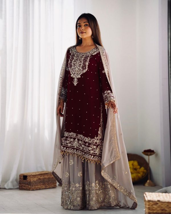 SR 1676 Maroon Heavy Faux Georgette With Heavy Embroidery Perfect for Wedding, Party, Ethnic Day, Reception, Diwali 4-6 Working Days At 2049/- Only | Jump Suits, Salwar suit, Casual Suits, Creative suits, Designer Suits, Palazzo Suits, Party Wear Suits, Patiala Suits, Straight Suits