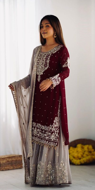 SR 1676 Maroon Heavy Faux Georgette With Heavy Embroidery Perfect for Wedding, Party, Ethnic Day, Reception, Diwali 4-6 Working Days At 2049/- Only | Jump Suits, Salwar suit, Casual Suits, Creative suits, Designer Suits, Palazzo Suits, Party Wear Suits, Patiala Suits, Straight Suits