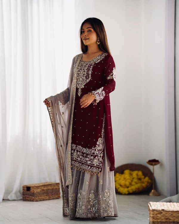 SR 1676 Maroon Heavy Faux Georgette With Heavy Embroidery Perfect for Wedding, Party, Ethnic Day, Reception, Diwali 4-6 Working Days At 2049/- Only | Jump Suits, Salwar suit, Casual Suits, Creative suits, Designer Suits, Palazzo Suits, Party Wear Suits, Patiala Suits, Straight Suits