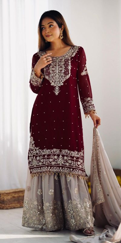 SR 1676 Maroon Heavy Faux Georgette With Heavy Embroidery Perfect for Wedding, Party, Ethnic Day, Reception, Diwali 4-6 Working Days At 2049/- Only | Jump Suits, Salwar suit, Casual Suits, Creative suits, Designer Suits, Palazzo Suits, Party Wear Suits, Patiala Suits, Straight Suits