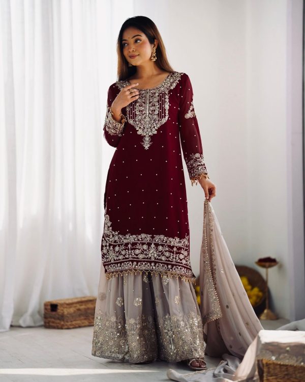 SR 1676 Maroon Heavy Faux Georgette With Heavy Embroidery Perfect for Wedding, Party, Ethnic Day, Reception, Diwali 4-6 Working Days At 2049/- Only | Jump Suits, Salwar suit, Casual Suits, Creative suits, Designer Suits, Palazzo Suits, Party Wear Suits, Patiala Suits, Straight Suits