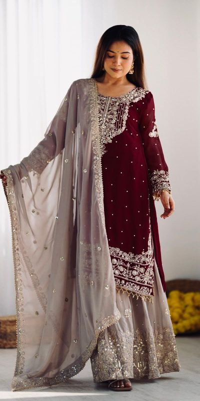 SR 1676 Maroon Heavy Faux Georgette With Heavy Embroidery Perfect for Wedding, Party, Ethnic Day, Reception, Diwali 4-6 Working Days At 2049/- Only | Jump Suits, Salwar suit, Casual Suits, Creative suits, Designer Suits, Palazzo Suits, Party Wear Suits, Patiala Suits, Straight Suits
