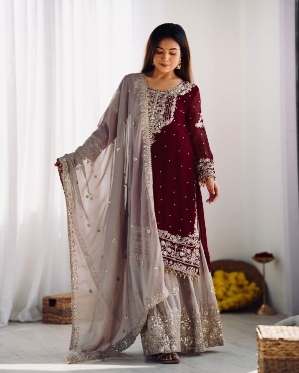 SR 1676 Maroon Heavy Faux Georgette With Heavy Embroidery Perfect for Wedding, Party, Ethnic Day, Reception, Diwali 4-6 Working Days At 2049/- Only | Jump Suits, Salwar suit, Casual Suits, Creative suits, Designer Suits, Palazzo Suits, Party Wear Suits, Patiala Suits, Straight Suits