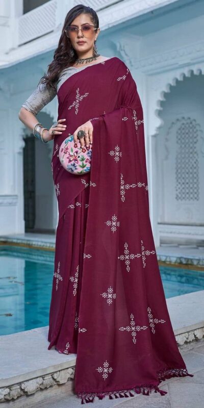 Maroon Natural Silk With Thread Embroidery Saree