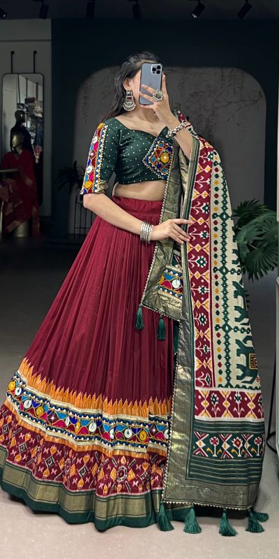 LNB 1727 Maroon Tasar Silk With Gamthi Work & Mirror Work. Get it for Lehenga Choli ₹2999. Delivery 4-6 Working Days. Shop now. | Lehenga, Bollywood Lehenga, Creative Lehenga, Designer Lehenga, Embroidered Lehenga, Party Wear Lehenga