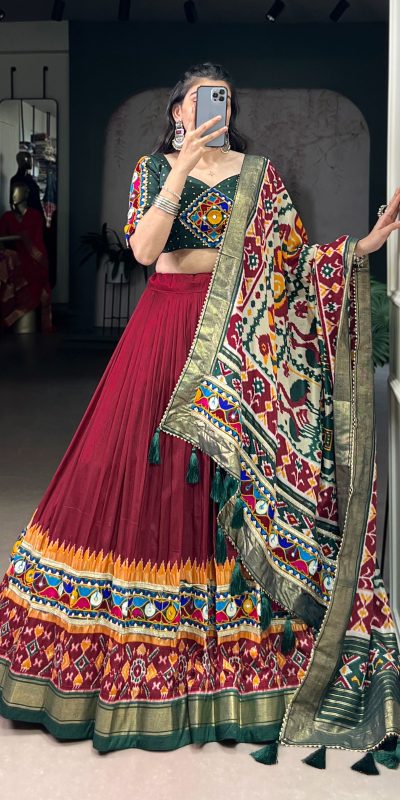 LNB 1727 Maroon Tasar Silk With Gamthi Work & Mirror Work. Get it for Lehenga Choli ₹2999. Delivery 4-6 Working Days. Shop now. | Lehenga, Bollywood Lehenga, Creative Lehenga, Designer Lehenga, Embroidered Lehenga, Party Wear Lehenga
