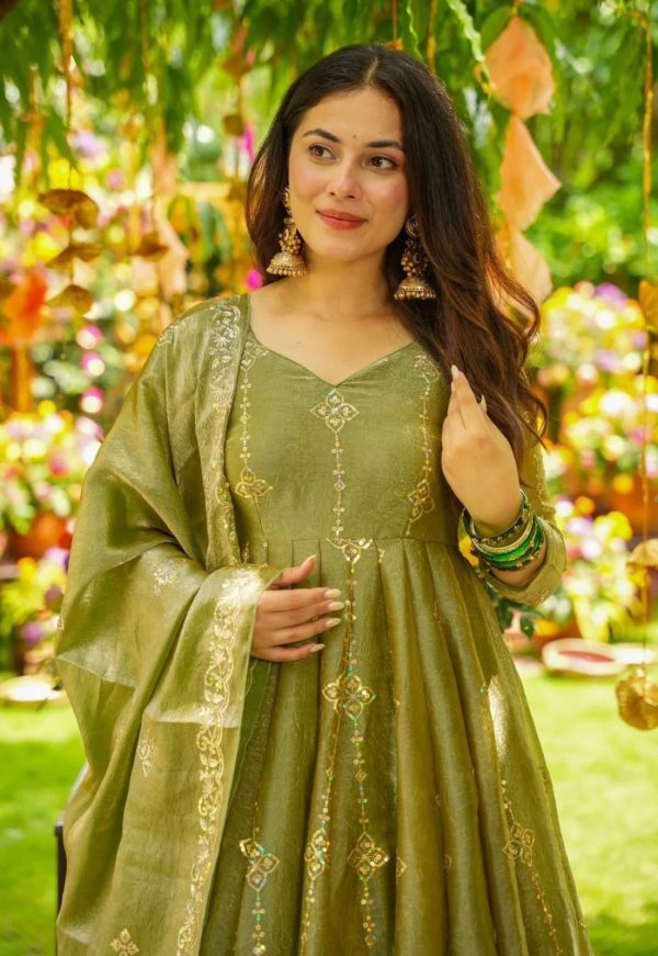 SSR 526 Mehandi Crunchy Silk With Heavy Embroidery Sequence Work With Fully Flair Salwar Suit Wedding, Party, Festive, Events, Now at just ₹2399. Delivery 4 | Jump Suits, Tops & Bottoms, Track Suits, Salwar suit, Casual Suits, Creative suits, Designer Suits, Palazzo Suits, Party Wear Suits, Patiala Suits, Straight Suits, Trendy Wear