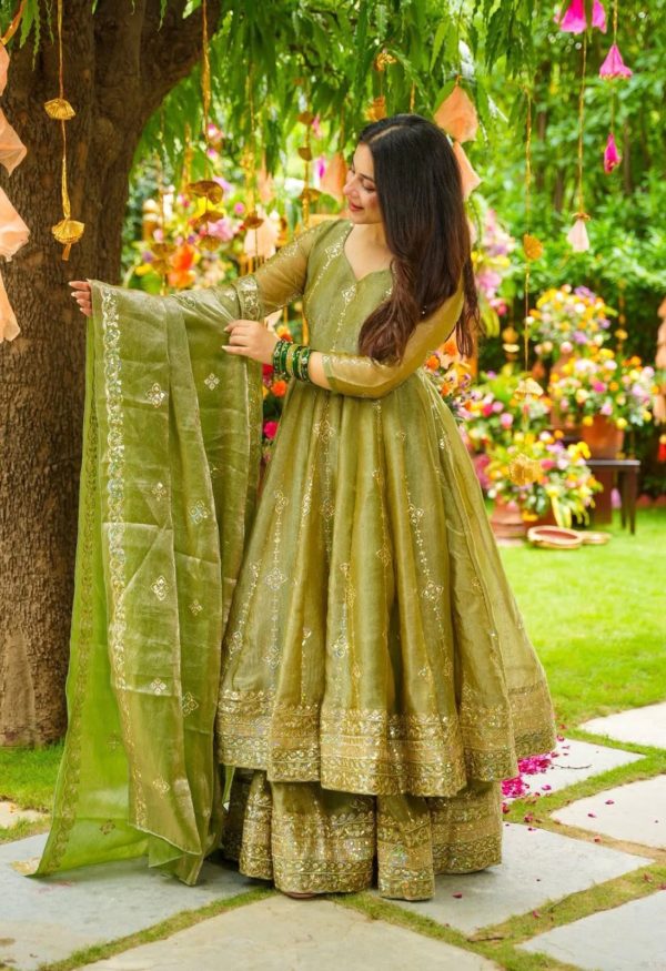 SSR 526 Mehandi Crunchy Silk With Heavy Embroidery Sequence Work With Fully Flair Salwar Suit Wedding, Party, Festive, Events, Now at just ₹2399. Delivery 4 | Jump Suits, Tops & Bottoms, Track Suits, Salwar suit, Casual Suits, Creative suits, Designer Suits, Palazzo Suits, Party Wear Suits, Patiala Suits, Straight Suits, Trendy Wear