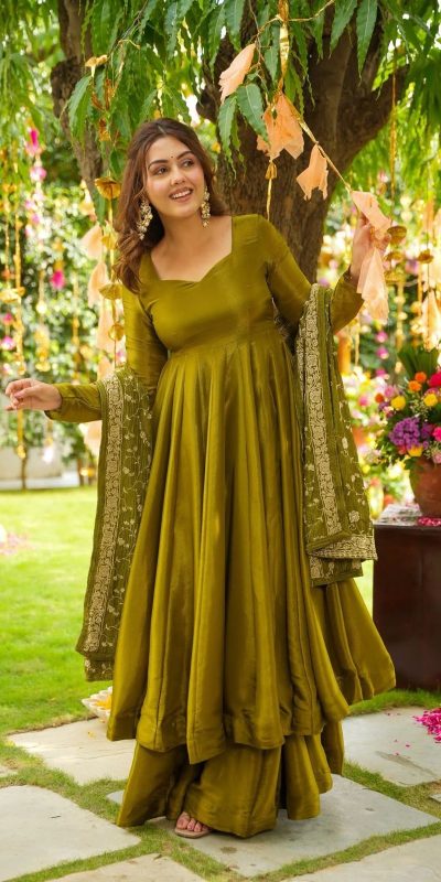 ZSR 3140 Mehandi German Chiffon With Embroidery Sequence Work With Fully Flair Gown. Wedding, Party, Festive, Events Exclusive Offer ₹2049. Deli | Gowns, Bollywood Gowns, Creative Gowns, Designer Gowns, Embroidered Gowns, Party Wear Gowns