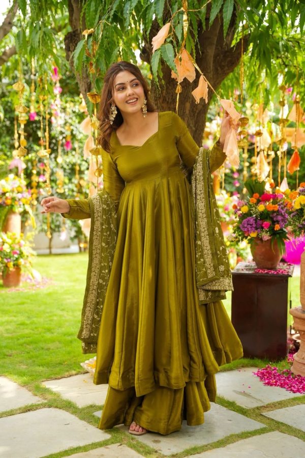 ZSR 3140 Mehandi German Chiffon With Embroidery Sequence Work With Fully Flair Gown. Wedding, Party, Festive, Events Exclusive Offer ₹2049. Deli | Gowns, Bollywood Gowns, Creative Gowns, Designer Gowns, Embroidered Gowns, Party Wear Gowns