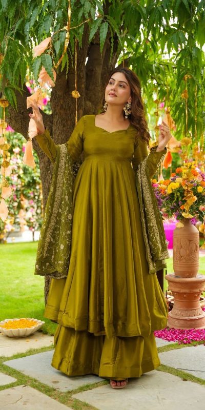 ZSR 3140 Mehandi German Chiffon With Embroidery Sequence Work With Fully Flair Gown. Wedding, Party, Festive, Events Exclusive Offer ₹2049. Deli | Gowns, Bollywood Gowns, Creative Gowns, Designer Gowns, Embroidered Gowns, Party Wear Gowns