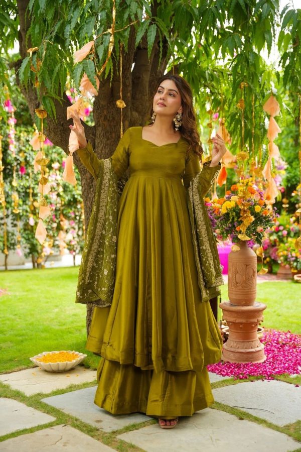 ZSR 3140 Mehandi German Chiffon With Embroidery Sequence Work With Fully Flair Gown. Wedding, Party, Festive, Events Exclusive Offer ₹2049. Deli | Gowns, Bollywood Gowns, Creative Gowns, Designer Gowns, Embroidered Gowns, Party Wear Gowns
