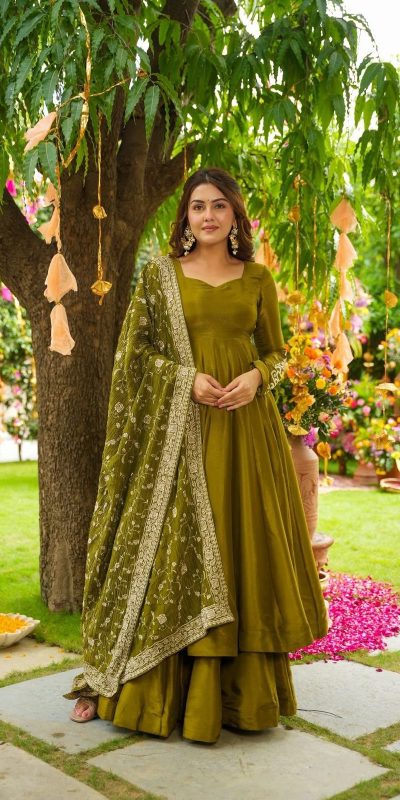 ZSR 3140 Mehandi German Chiffon With Embroidery Sequence Work With Fully Flair Gown. Wedding, Party, Festive, Events Exclusive Offer ₹2049. Deli | Gowns, Bollywood Gowns, Creative Gowns, Designer Gowns, Embroidered Gowns, Party Wear Gowns