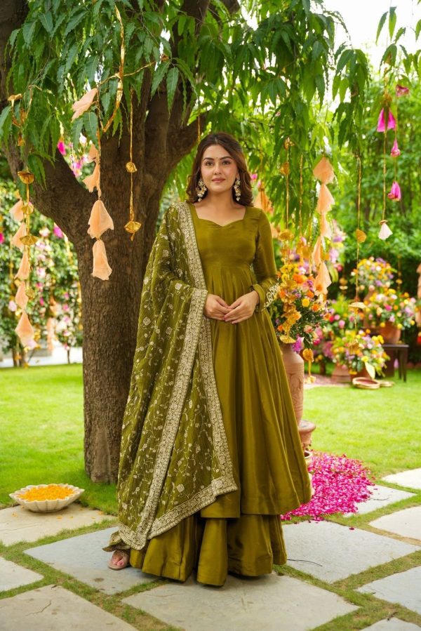 ZSR 3140 Mehandi German Chiffon With Embroidery Sequence Work With Fully Flair Gown. Wedding, Party, Festive, Events Exclusive Offer ₹2049. Deli | Gowns, Bollywood Gowns, Creative Gowns, Designer Gowns, Embroidered Gowns, Party Wear Gowns
