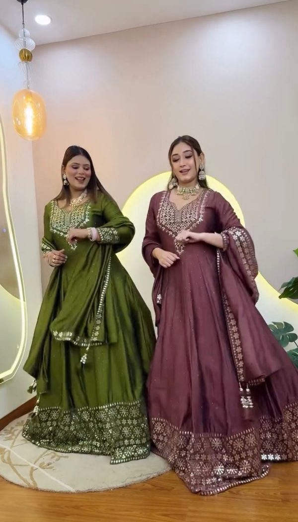 NSR 872 Mehandi Roman Simmer Silk With Fency Neck And Fecny Sleeve Gown with Embroidery Work & Lace Work. Available at ₹2449 only. Delivery 4-6 Wor | Gowns, Bollywood Gowns, Creative Gowns, Designer Gowns, Embroidered Gowns, Party Wear Gowns