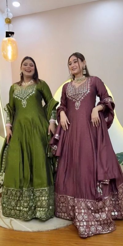 NSR 872 Mehandi Roman Simmer Silk With Fency Neck And Fecny Sleeve Gown with Embroidery Work & Lace Work. Available at ₹2449 only. Delivery 4-6 Wor | Gowns, Bollywood Gowns, Creative Gowns, Designer Gowns, Embroidered Gowns, Party Wear Gowns