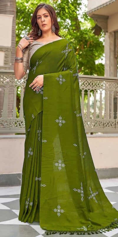 Mehendi Natural Silk With Thread Embroidery Saree