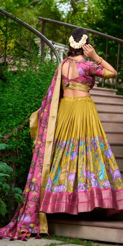 LNB 1222 Mustard Dola Silk With Kalamkari Print & Zari Work Lehenga Choli . Grab it for ₹1899. Delivery 4-6 Working Days. Shop now. | Lehenga, Bollywood Lehenga, Creative Lehenga, Designer Lehenga, Embroidered Lehenga, Party Wear Lehenga