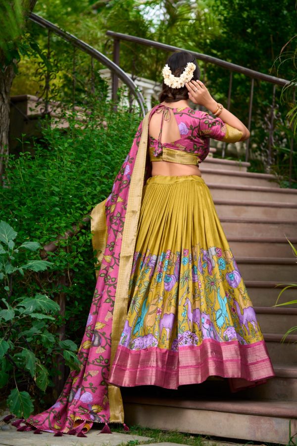 LNB 1222 Mustard Dola Silk With Kalamkari Print & Zari Work Lehenga Choli . Grab it for ₹1899. Delivery 4-6 Working Days. Shop now. | Lehenga, Bollywood Lehenga, Creative Lehenga, Designer Lehenga, Embroidered Lehenga, Party Wear Lehenga