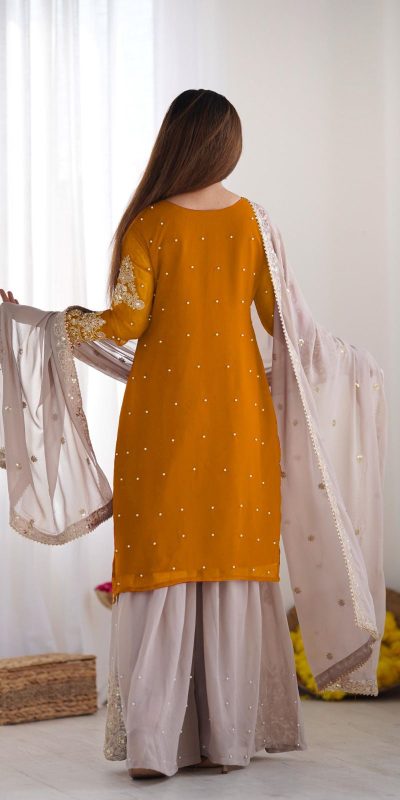SR 1676 Mustard Heavy Faux Georgette With Heavy Embroidery Perfect for Wedding, Party, Ethnic Day, Reception, Diwali 4-6 Working Days At 2049/- Only | Jump Suits, Salwar suit, Casual Suits, Creative suits, Designer Suits, Palazzo Suits, Party Wear Suits, Patiala Suits, Straight Suits