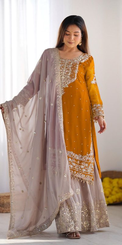 SR 1676 Mustard Heavy Faux Georgette With Heavy Embroidery Perfect for Wedding, Party, Ethnic Day, Reception, Diwali 4-6 Working Days At 2049/- Only | Jump Suits, Salwar suit, Casual Suits, Creative suits, Designer Suits, Palazzo Suits, Party Wear Suits, Patiala Suits, Straight Suits