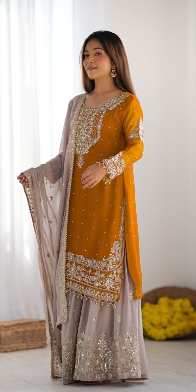 SR 1676 Mustard Heavy Faux Georgette With Heavy Embroidery Perfect for Wedding, Party, Ethnic Day, Reception, Diwali 4-6 Working Days At 2049/- Only | Jump Suits, Salwar suit, Casual Suits, Creative suits, Designer Suits, Palazzo Suits, Party Wear Suits, Patiala Suits, Straight Suits