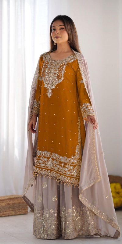 SR 1676 Mustard Heavy Faux Georgette With Heavy Embroidery Perfect for Wedding, Party, Ethnic Day, Reception, Diwali 4-6 Working Days At 2049/- Only | Jump Suits, Salwar suit, Casual Suits, Creative suits, Designer Suits, Palazzo Suits, Party Wear Suits, Patiala Suits, Straight Suits