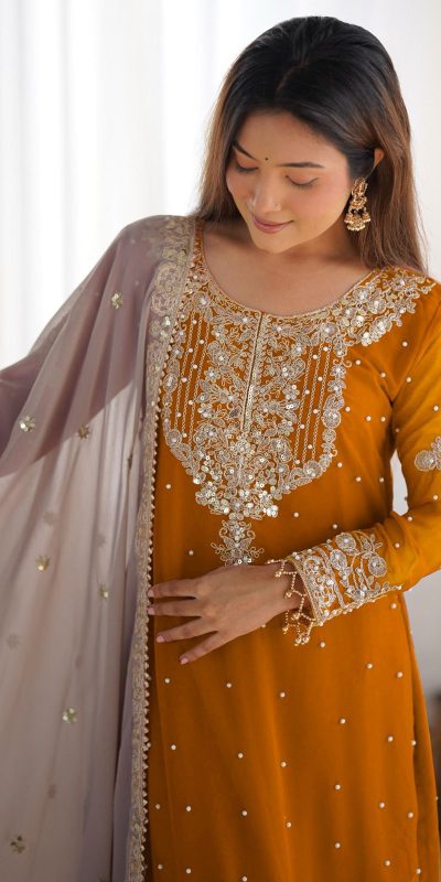 SR 1676 Mustard Heavy Faux Georgette With Heavy Embroidery Perfect for Wedding, Party, Ethnic Day, Reception, Diwali 4-6 Working Days At 2049/- Only | Jump Suits, Salwar suit, Casual Suits, Creative suits, Designer Suits, Palazzo Suits, Party Wear Suits, Patiala Suits, Straight Suits