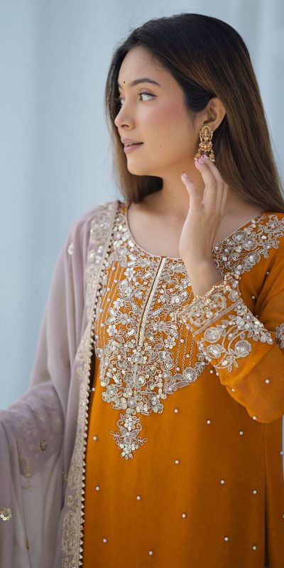 SR 1676 Mustard Heavy Faux Georgette With Heavy Embroidery Perfect for Wedding, Party, Ethnic Day, Reception, Diwali 4-6 Working Days At 2049/- Only | Jump Suits, Salwar suit, Casual Suits, Creative suits, Designer Suits, Palazzo Suits, Party Wear Suits, Patiala Suits, Straight Suits