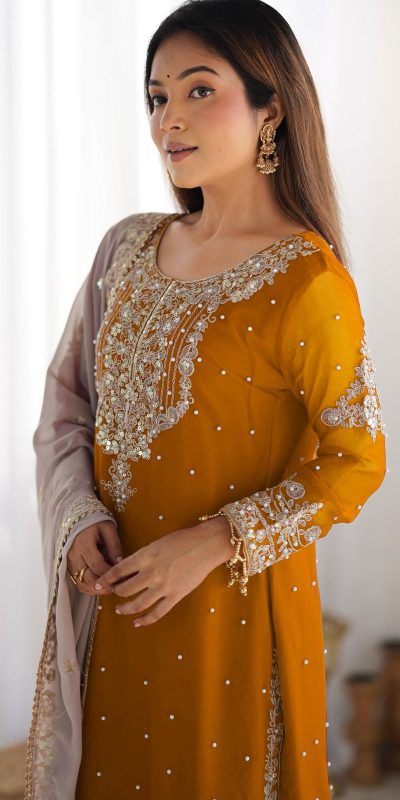 SR 1676 Mustard Heavy Faux Georgette With Heavy Embroidery Perfect for Wedding, Party, Ethnic Day, Reception, Diwali 4-6 Working Days At 2049/- Only | Jump Suits, Salwar suit, Casual Suits, Creative suits, Designer Suits, Palazzo Suits, Party Wear Suits, Patiala Suits, Straight Suits
