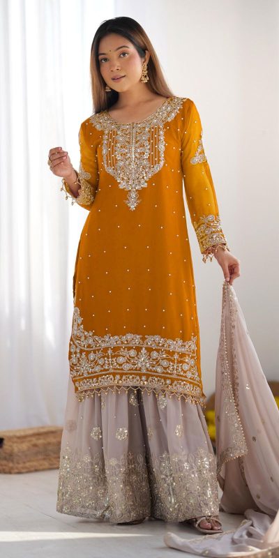 SR 1676 Mustard Heavy Faux Georgette With Heavy Embroidery Perfect for Wedding, Party, Ethnic Day, Reception, Diwali 4-6 Working Days At 2049/- Only | Jump Suits, Salwar suit, Casual Suits, Creative suits, Designer Suits, Palazzo Suits, Party Wear Suits, Patiala Suits, Straight Suits