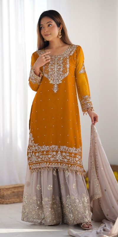 SR 1676 Mustard Heavy Faux Georgette With Heavy Embroidery Perfect for Wedding, Party, Ethnic Day, Reception, Diwali 4-6 Working Days At 2049/- Only | Jump Suits, Salwar suit, Casual Suits, Creative suits, Designer Suits, Palazzo Suits, Party Wear Suits, Patiala Suits, Straight Suits