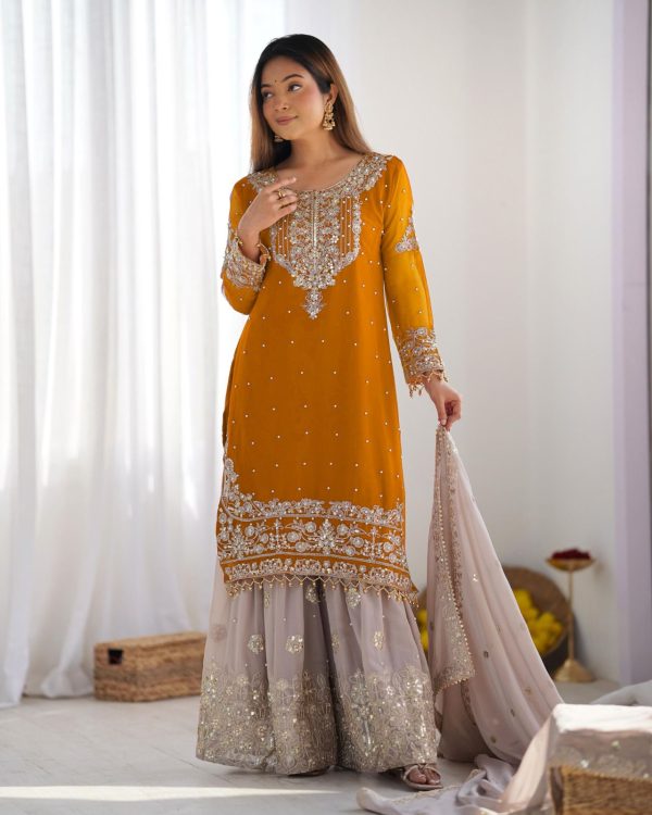 SR 1676 Mustard Heavy Faux Georgette With Heavy Embroidery Perfect for Wedding, Party, Ethnic Day, Reception, Diwali 4-6 Working Days At 2049/- Only | Jump Suits, Salwar suit, Casual Suits, Creative suits, Designer Suits, Palazzo Suits, Party Wear Suits, Patiala Suits, Straight Suits